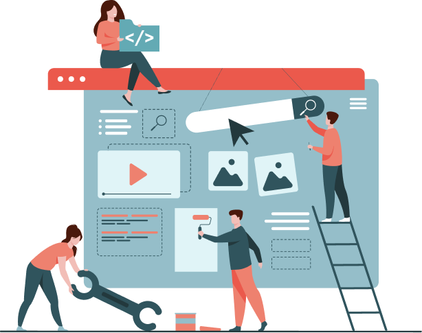 A team of developers collaborating to build a website, adding content, images, and search functionality together.