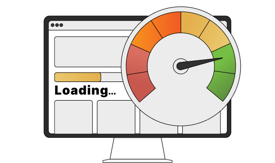 A computer monitor displaying a loading website with a large speedometer indicating poor page speed performance.