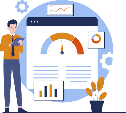 A professional analyzing website performance metrics displayed on a dashboard with speedometer, charts, and gear icons.