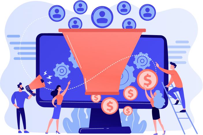 A marketing team converting website visitors into revenue using a sales funnel with gears and dollar coins.