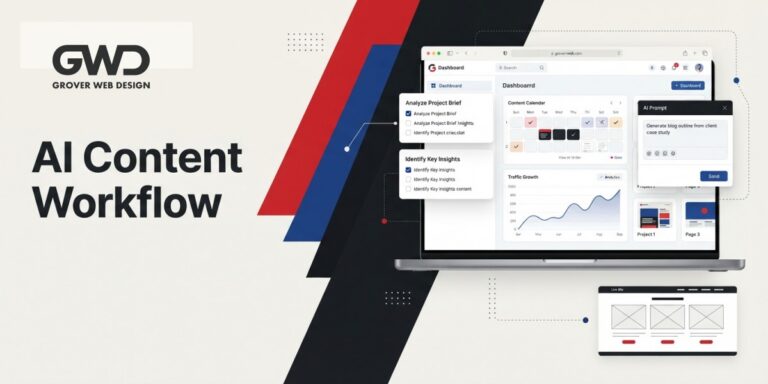 GWD branded AI content workflow featured graphic with dashboard, checklist, content calendar, AI prompt, and analytics visuals