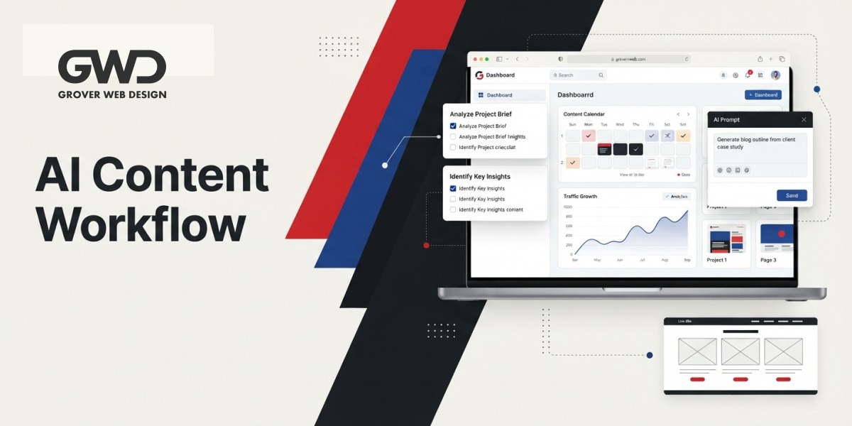 GWD branded AI content workflow featured graphic with dashboard, checklist, content calendar, AI prompt, and analytics visuals