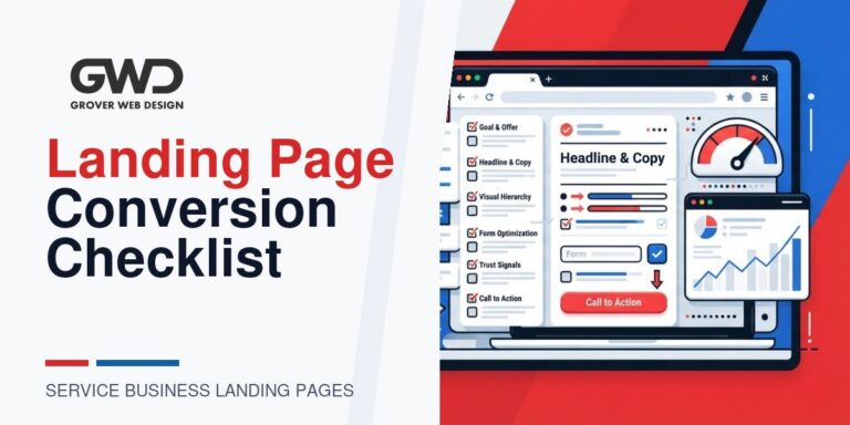 GWD branded landing page conversion checklist featured graphic with checklist, hero section, CTA, analytics chart, and performance gauge visuals