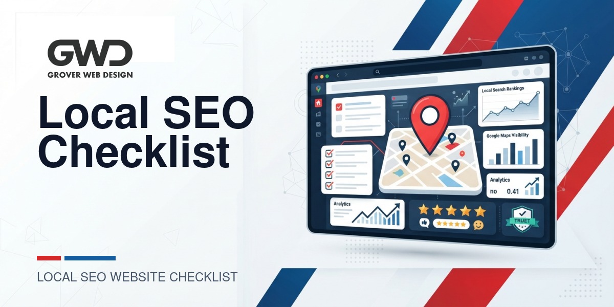 GWD branded local SEO checklist featured graphic with map pin, ranking chart, checklist dashboard, review stars, and analytics visuals