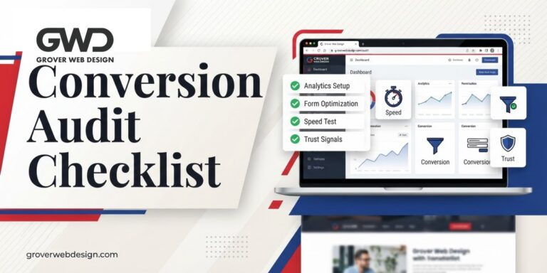 GWD branded conversion audit checklist featured graphic with dashboard, checklist, speed, forms, and trust signals