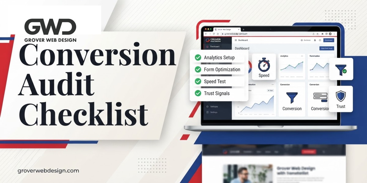 GWD branded conversion audit checklist featured graphic with dashboard, checklist, speed, forms, and trust signals