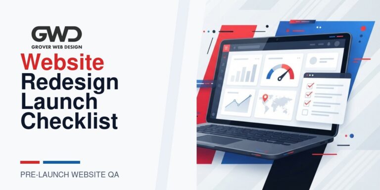 GWD branded website redesign launch checklist featured graphic with QA dashboard, performance gauge, checklist, and launch review visuals