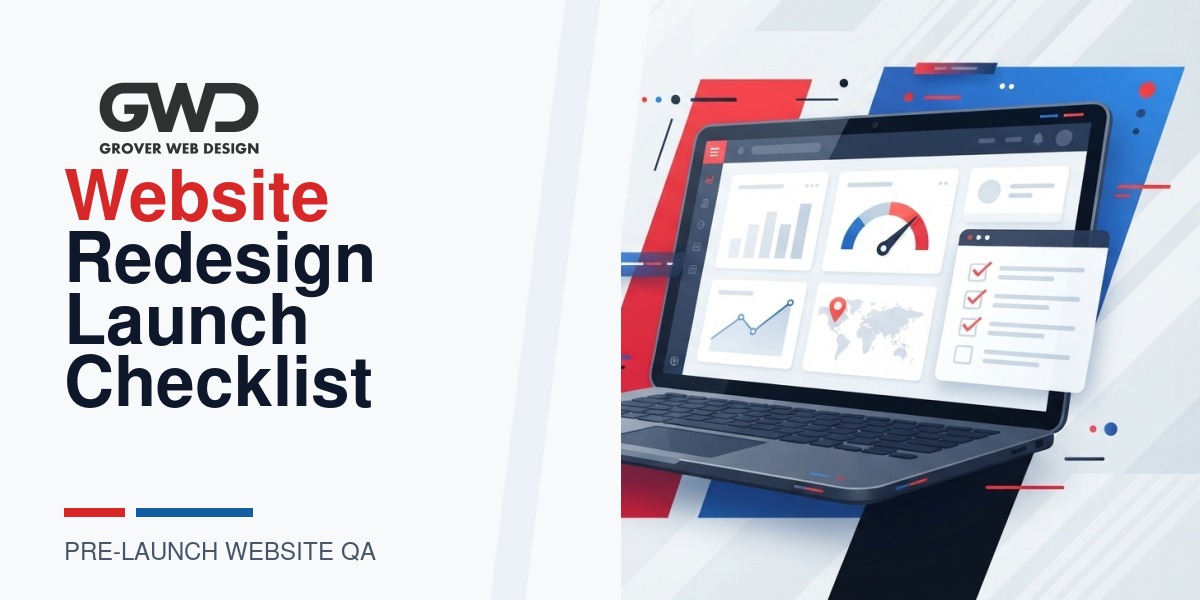 GWD branded website redesign launch checklist featured graphic with QA dashboard, performance gauge, checklist, and launch review visuals