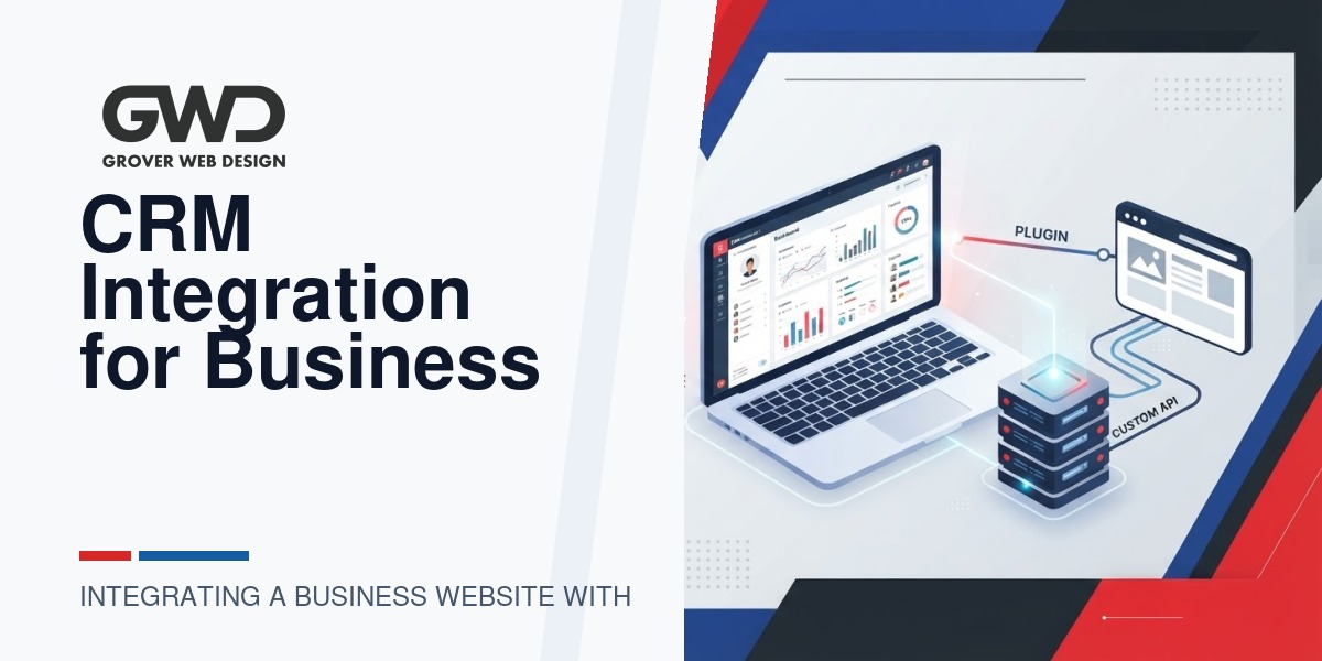 GWD branded featured graphic for integrating a business website with a CRM: plugin vs custom API integration