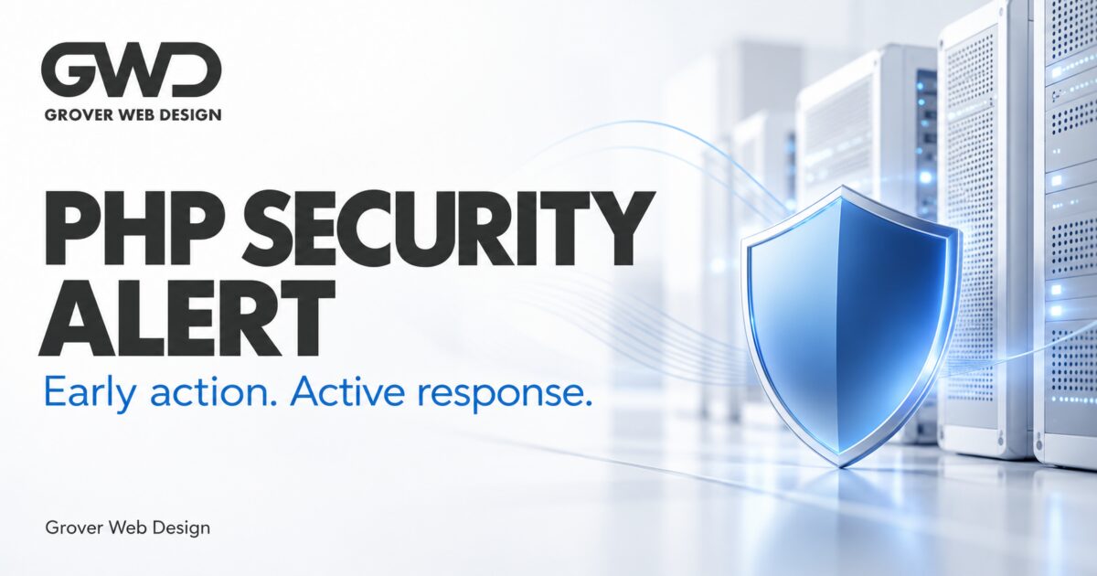 GWD PHP security alert with a blue shield beside server equipment